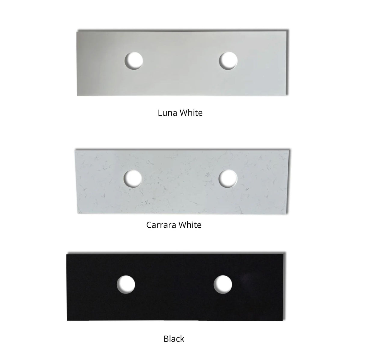 Three stone tops labeled 'Luna White', 'Carrara White', and 'Black' on a white background.
