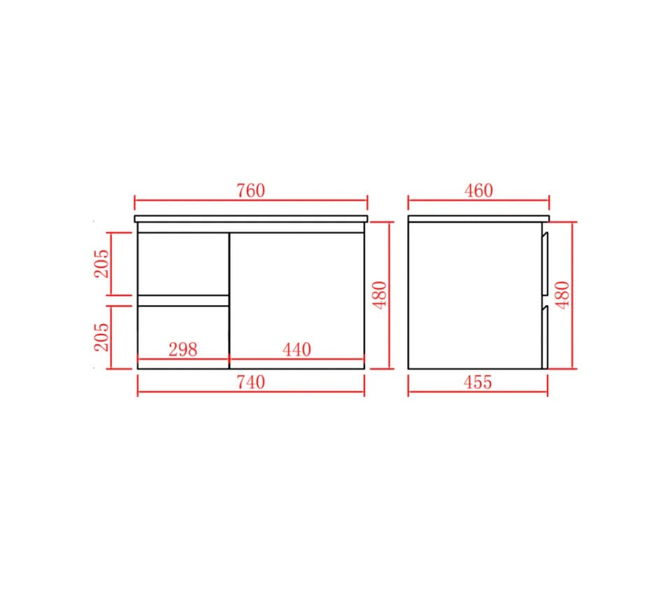 A technical dimension drawing of a 750mm wall hung left hand drawer, showing front and side views with red measurement labels and dimensions on a white background.