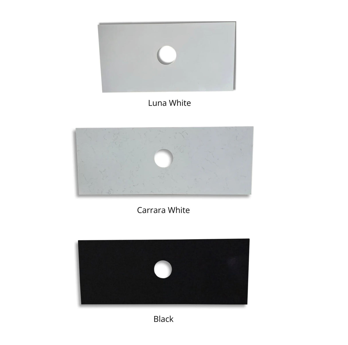 Three stone top plates in Luna White, Carrara White, and Black on a white background.