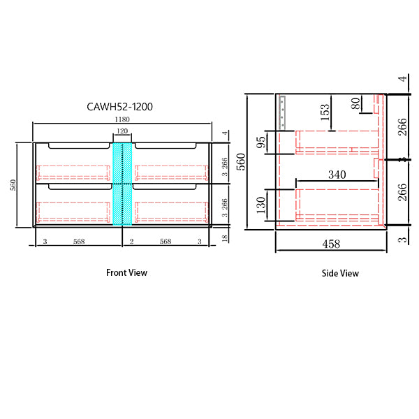 Technical drawing of a product with dimensions labeled on front and side views.