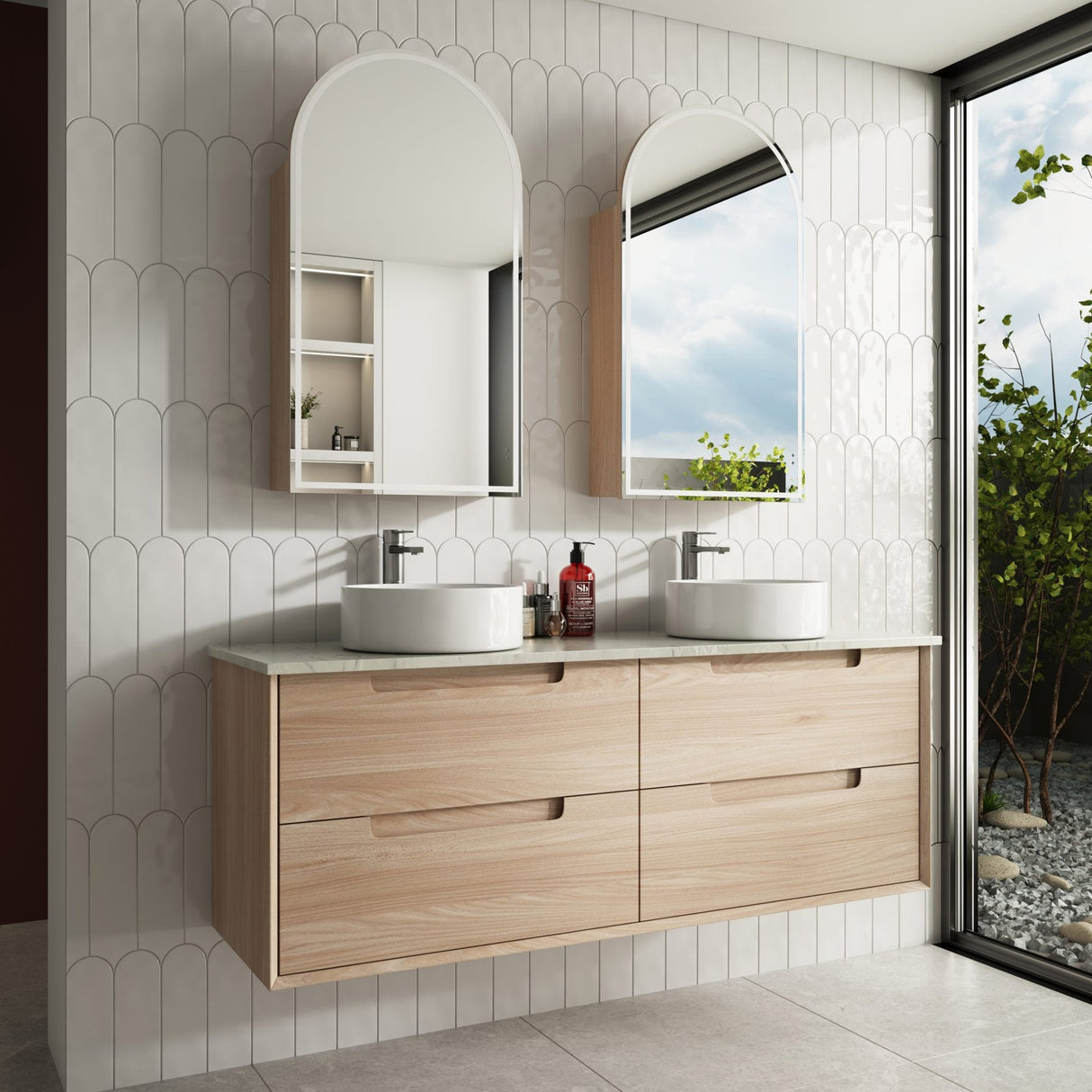 Bathroom with wooden vanity, white countertop, and large windows.