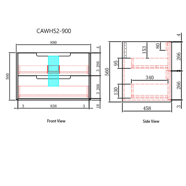 Technical drawing of a product with dimensions labeled on front and side views.