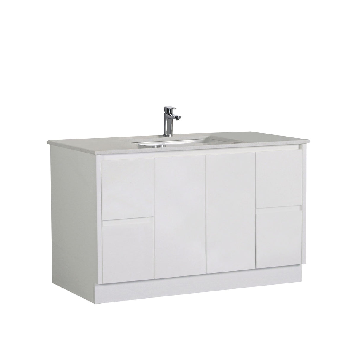 White bathroom vanity with sink and faucet on a white background