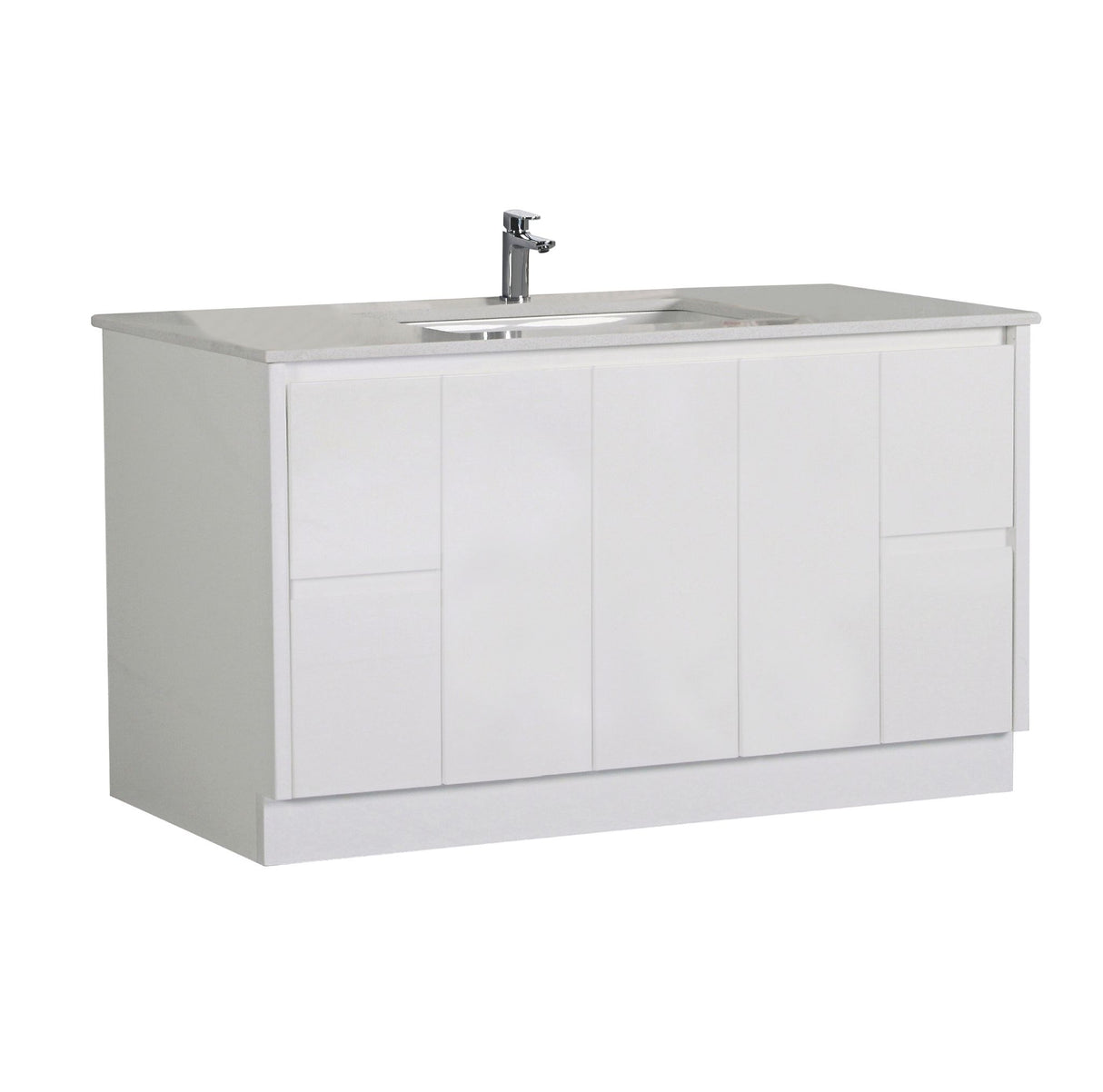 White bathroom vanity with sink and faucet on a white background