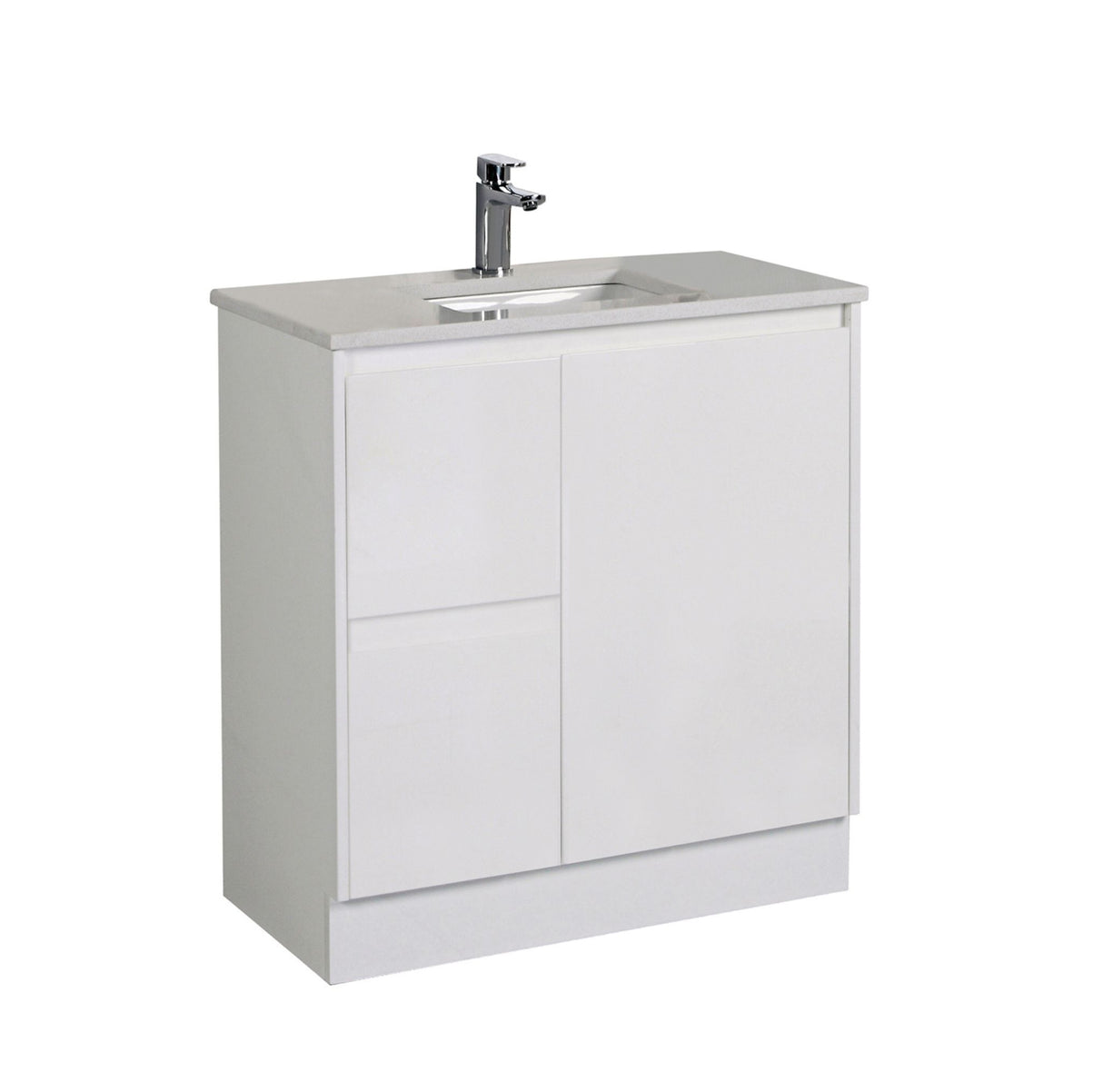 White bathroom vanity with sink on a white background