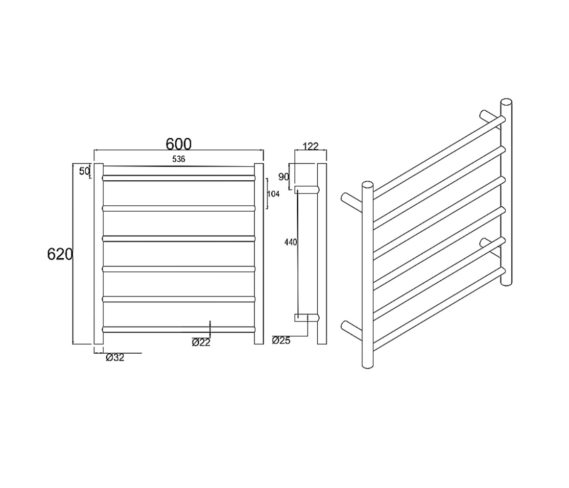Black heated towel rack 6 bars drawing