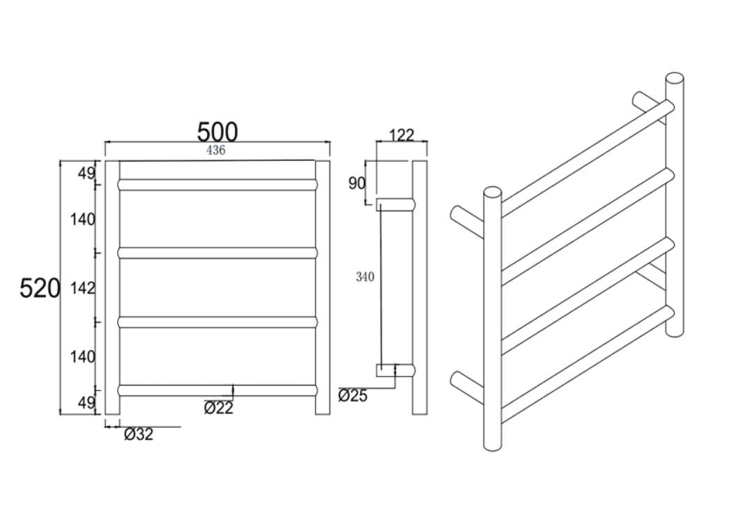 Brushed brass heated towel rack in 4 bars drawing
