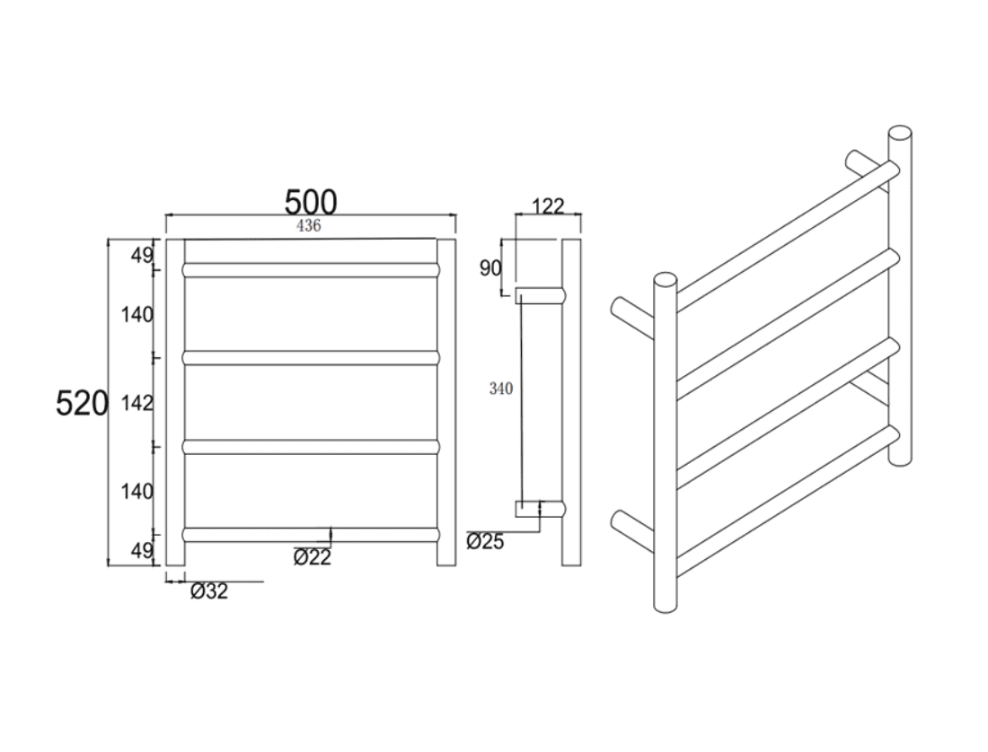 Brushed Nickel Heated Towel Rack 4 Bars drawings