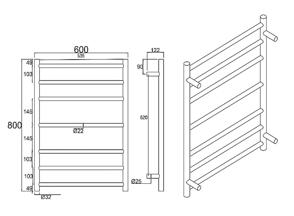Chrome round heated towel rack 7 bars drawing