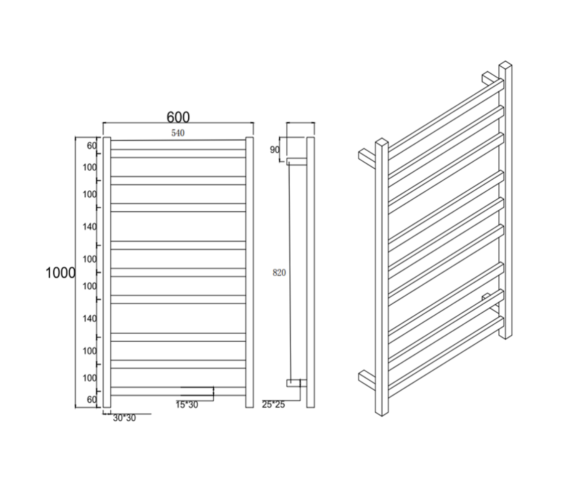 Square black heated towel rack 9 bars drawing