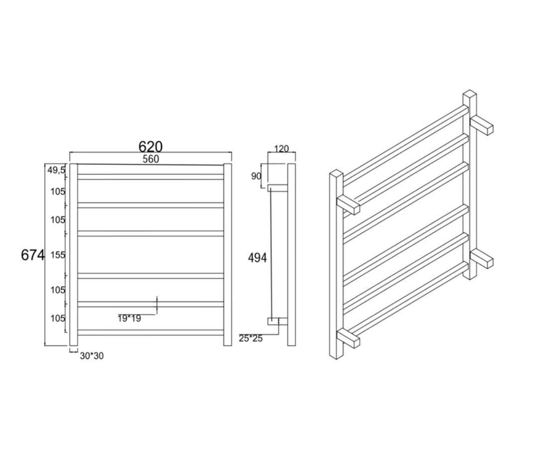 Square brushed gunmateal heated towel ack 6 bars drawing
