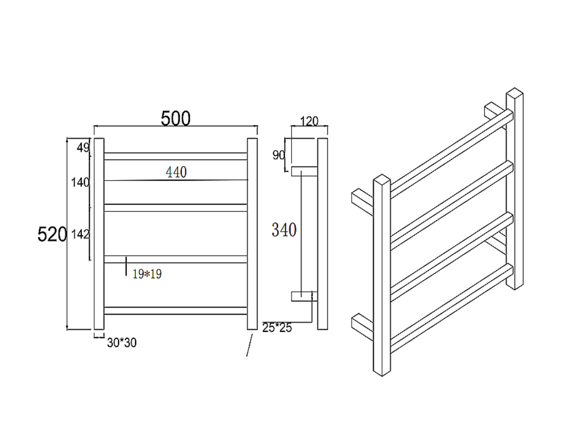 Square brushed nickel heated towel rack 4 bars drawing