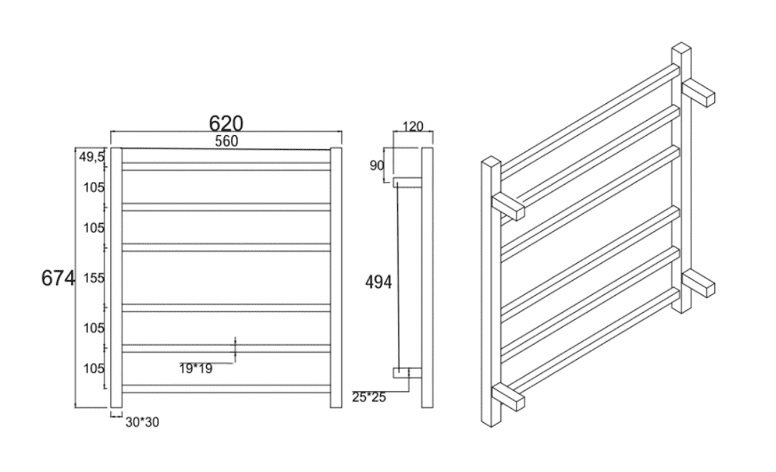 Square brushed nickel heated towel rack 6 bars drawing