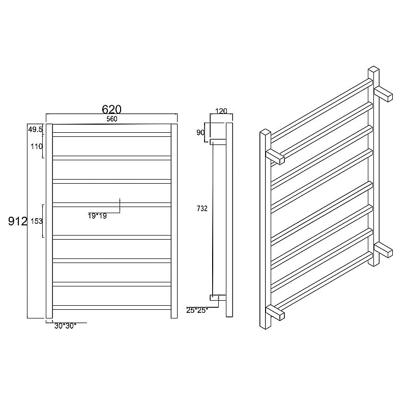 Square black heated towel rack 8 bars drawing