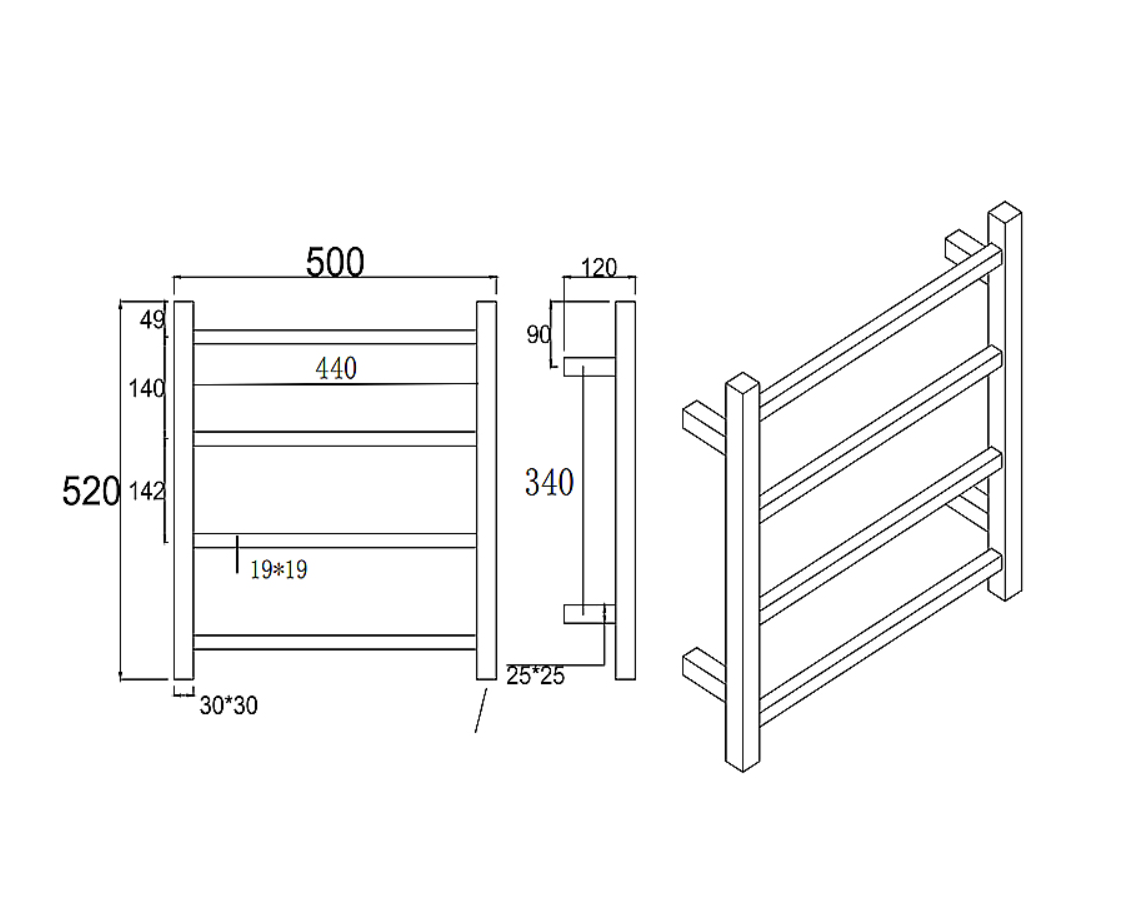 Closer look to square brushed gunmetal heated towel rack 4 bars drawing