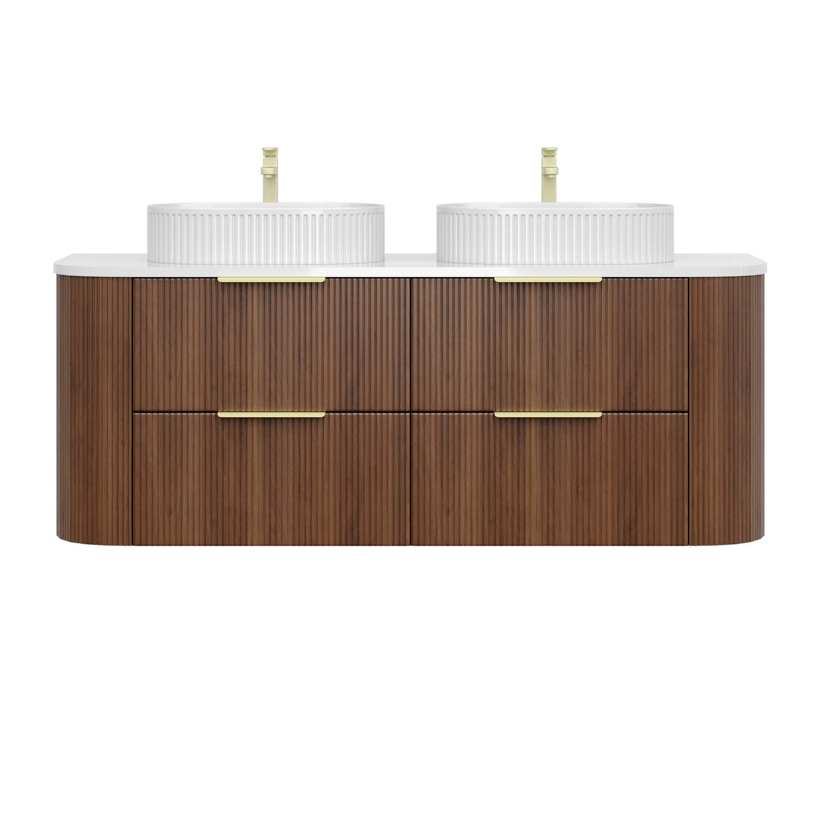 Wooden bathroom vanity with two white sinks and gold fixtures on a white background