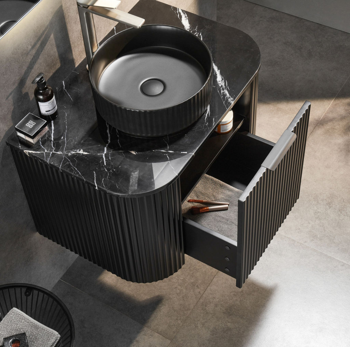 Avalon 600mm Matte Black Wall Hung Vanity top view