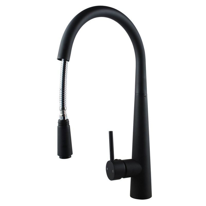 Black kitchen faucet with flexible hose on a white background