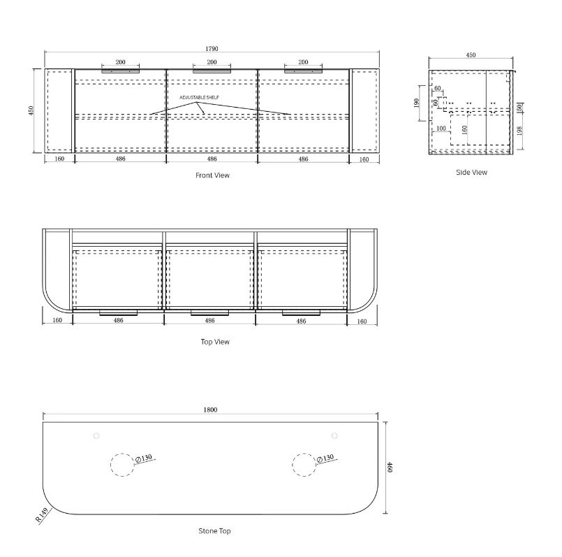 Bondi Satin White Vanity 1000mm drawing 2