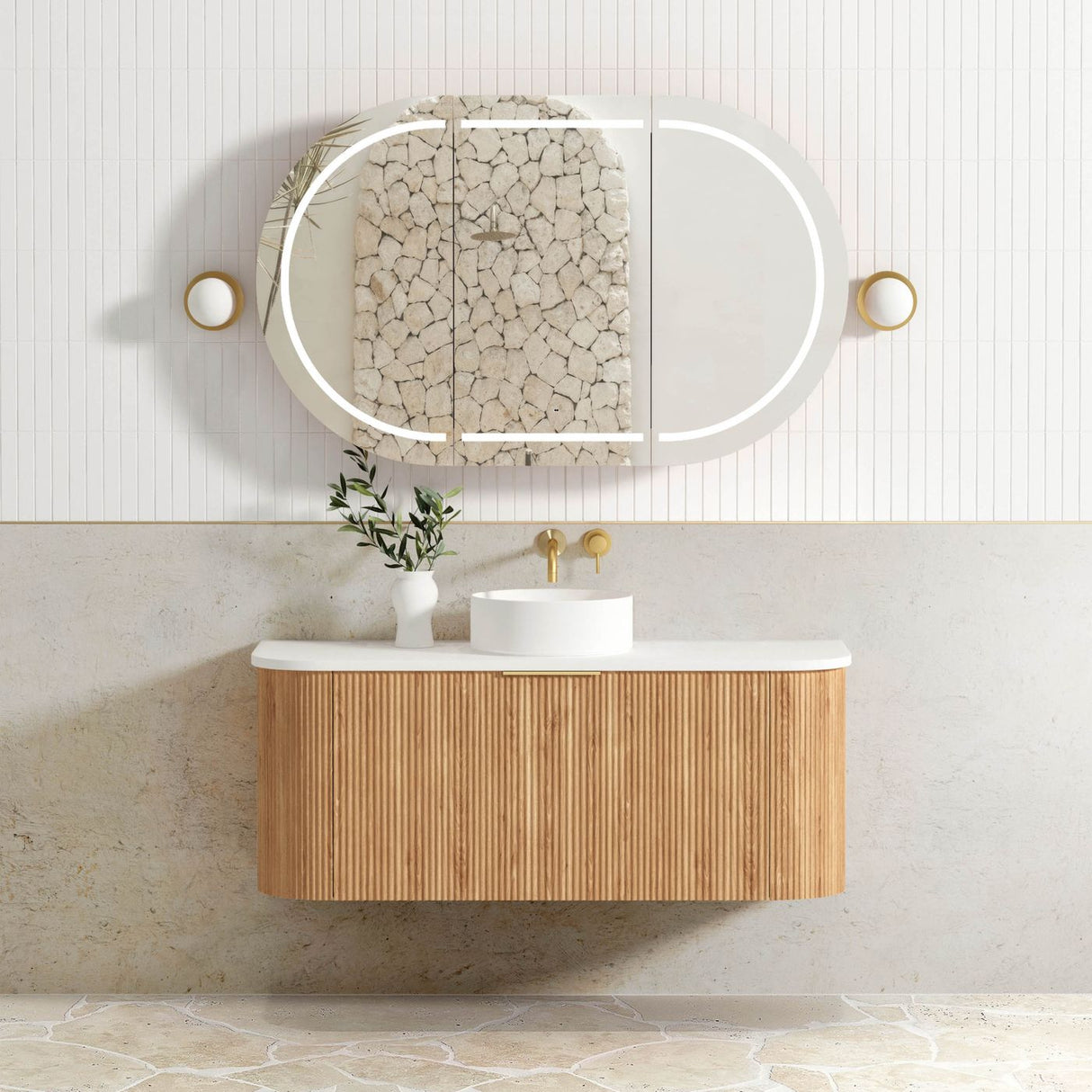 mounted mirror and Bondi 1200mm Woodland Oak Fluted Curve Vanity