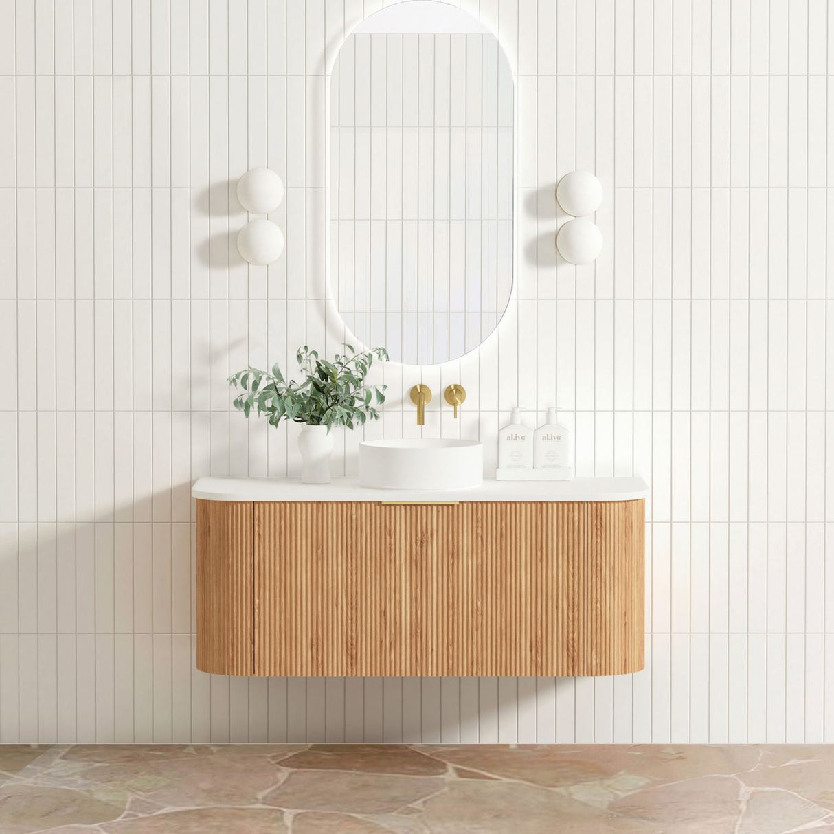 bathroom with white tiles, mounted mirror and Bondi 1200mm Woodland Oak Fluted Curve Vanity