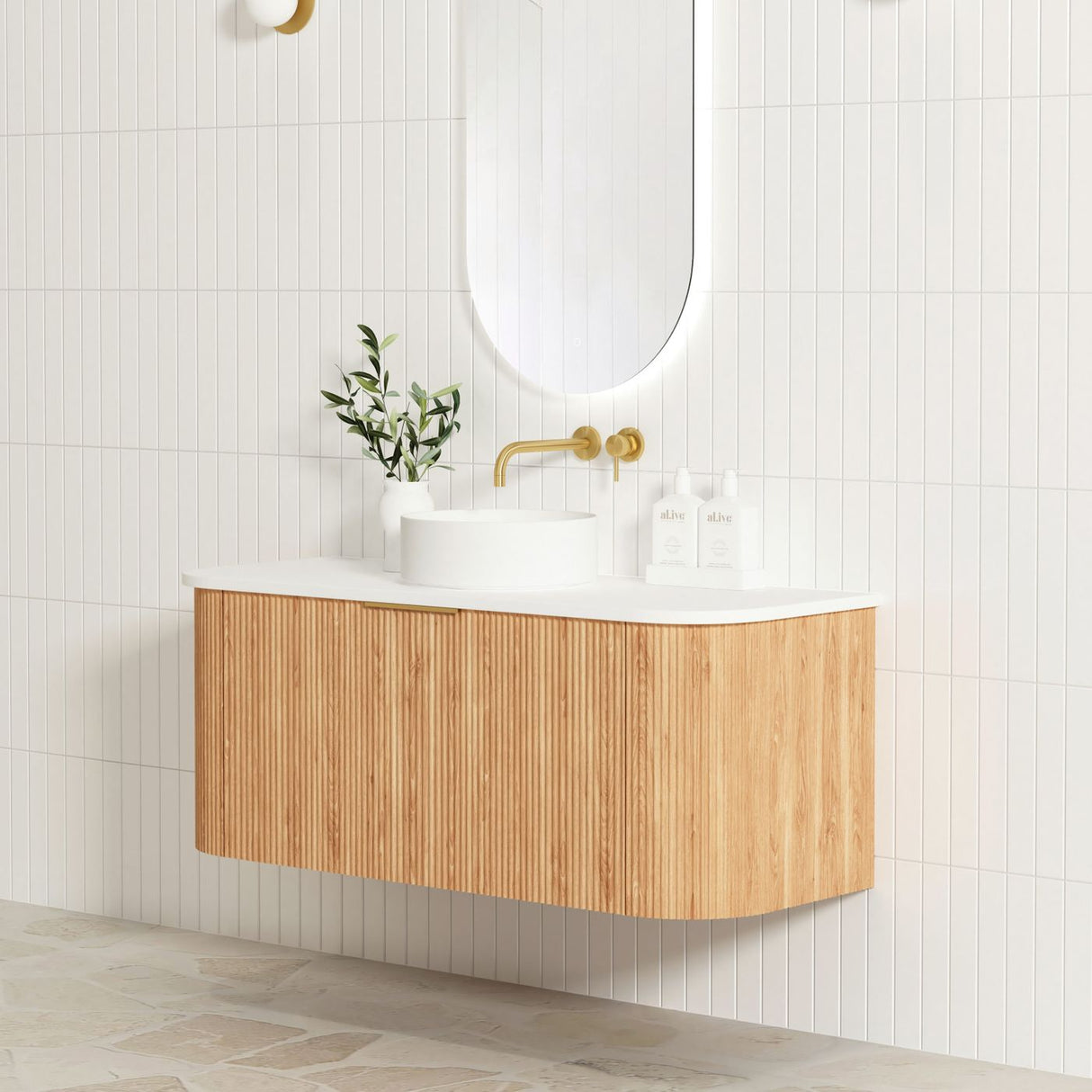 side view of close Bondi 1200mm Woodland Oak Fluted Curve Vanity