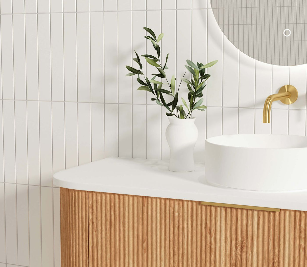 Bondi 1200mm Woodland Oak Fluted Curve Vanity wwith white basin