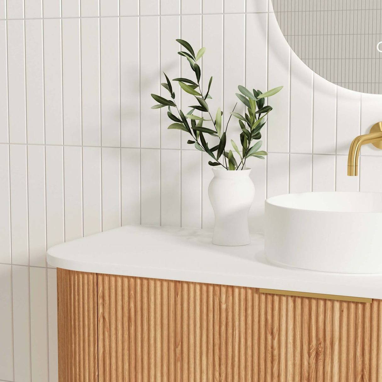 Bondi 1200mm Woodland Oak Fluted Curve Vanity wwith white basin