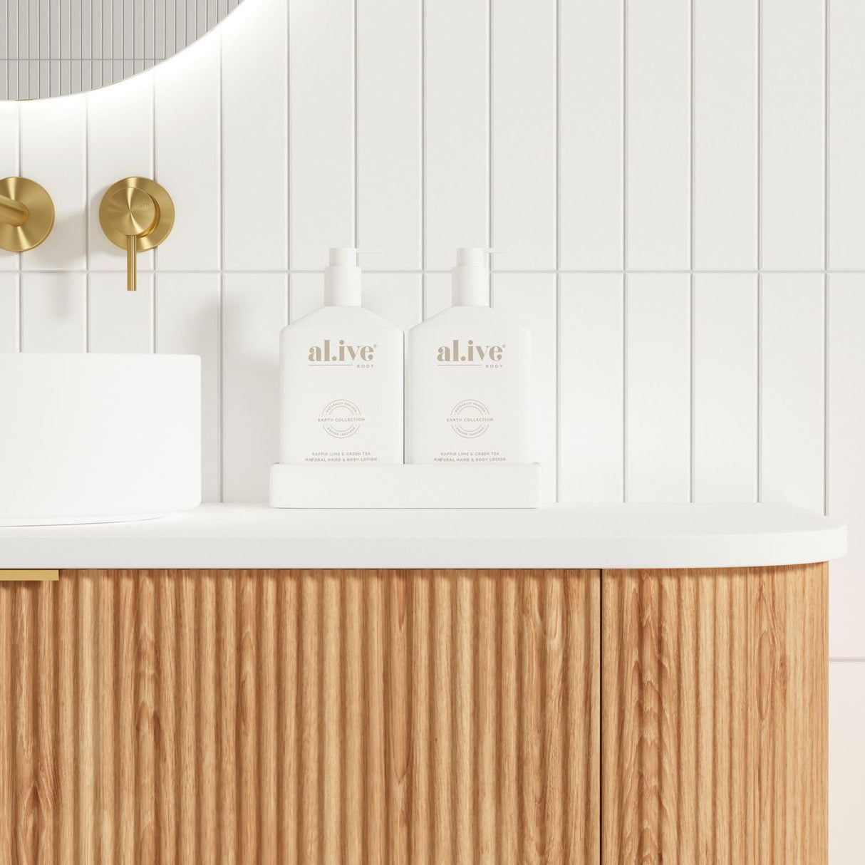 Bondi 1200mm Woodland Oak Fluted Curve Vanity with liquid hand wash