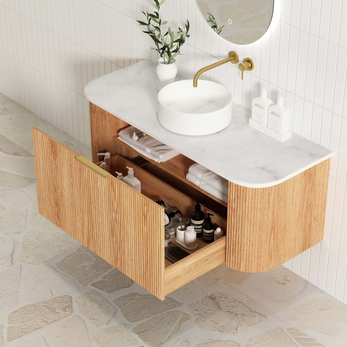Top view of open Bondi 1200mm Woodland Oak Fluted Curve Vanity
