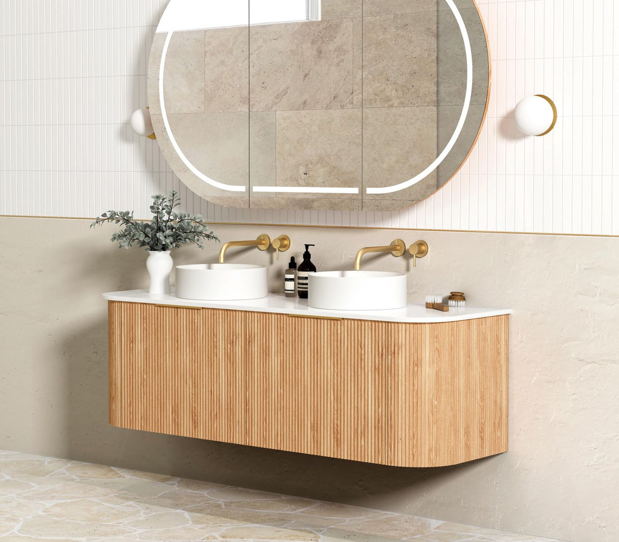 side view of close Bondi 1500mm Woodland Oak Fluted Curve Vanity and mirror