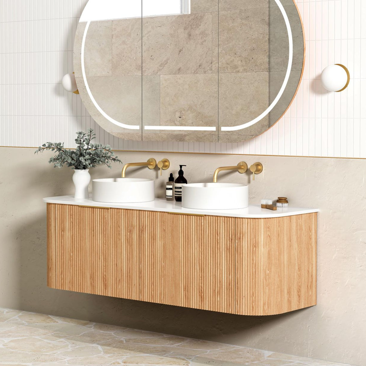 side view of close Bondi 1500mm Woodland Oak Fluted Curve Vanity and mirror
