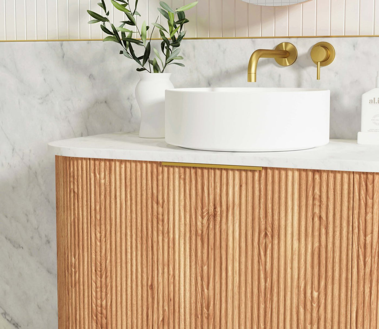closer look of white basin and Bondi 1500mm Woodland Oak Fluted Curve Vanity