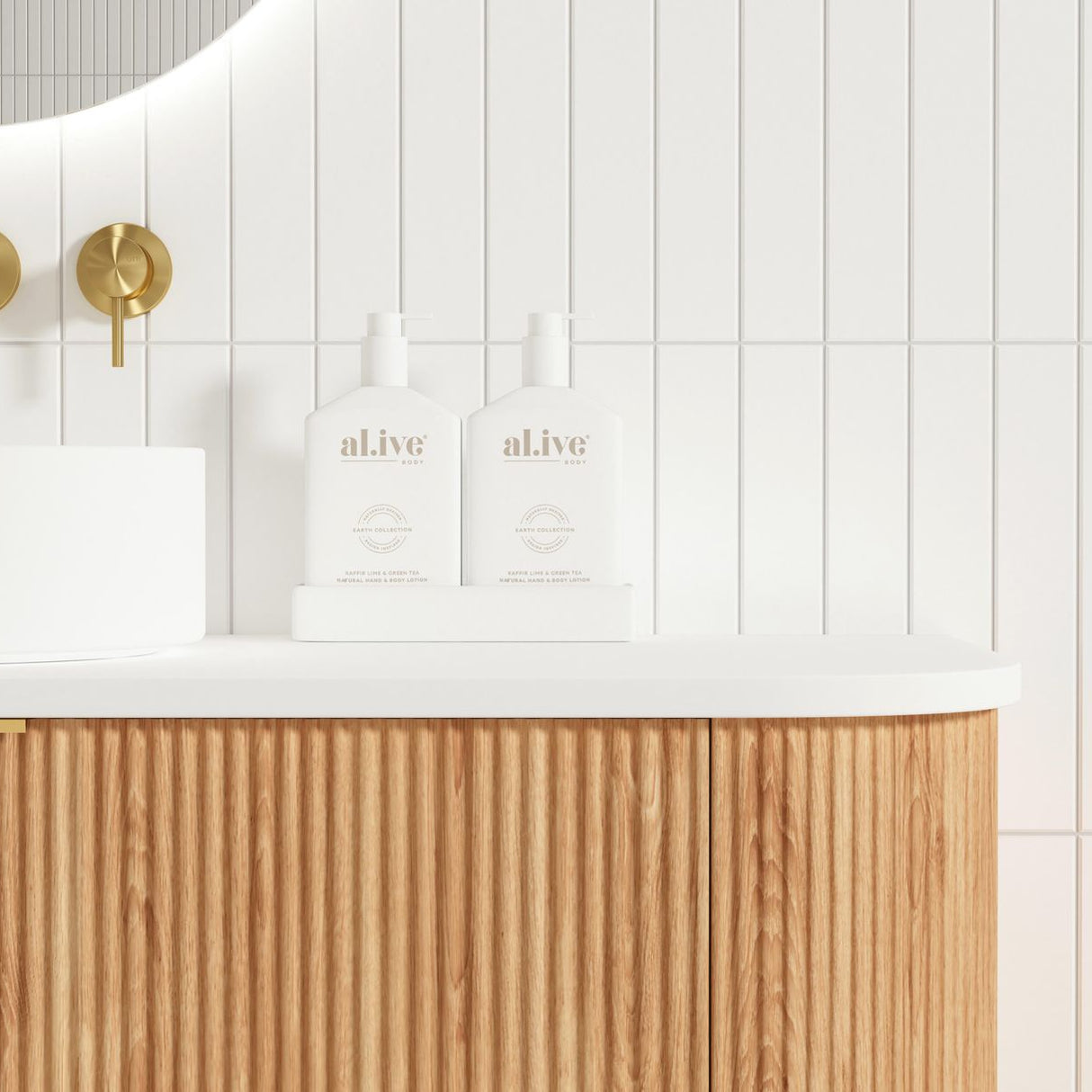 liquid hand soap over the top of Bondi 1500mm Woodland Oak Fluted Curve Vanity
