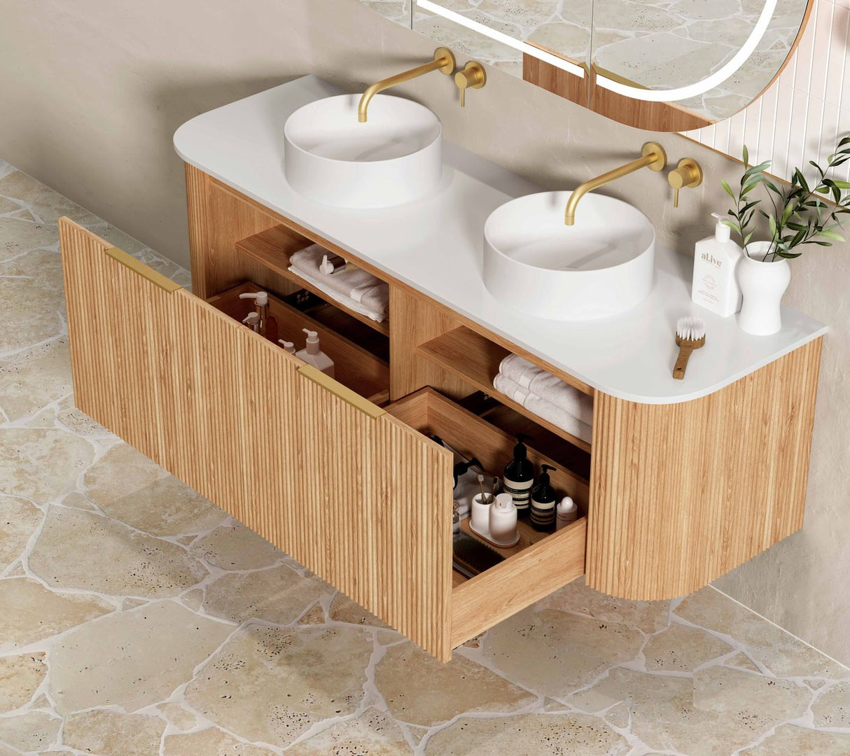 Top view of open Bondi 1500mm Woodland Oak Fluted Curve Vanity