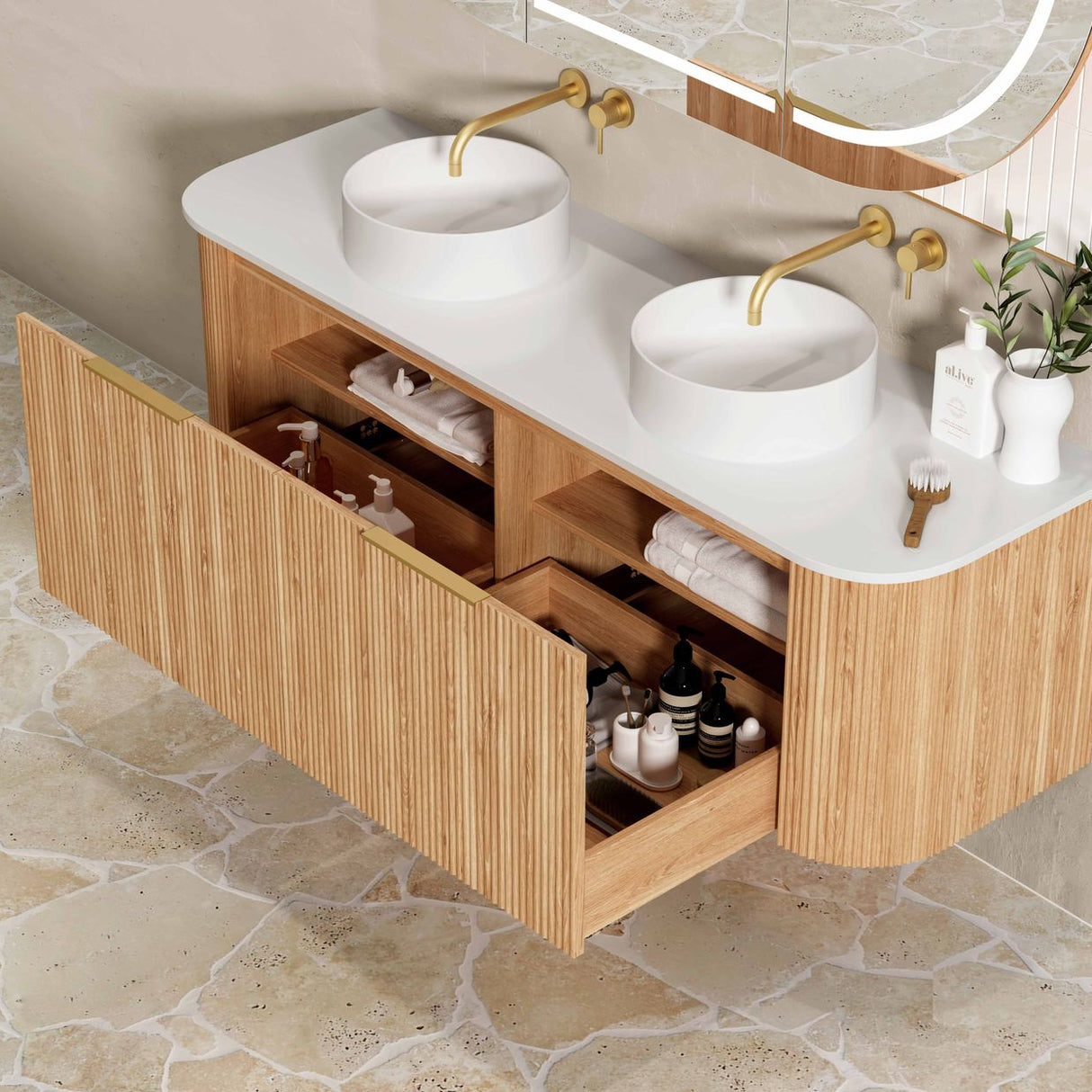 Top view of open Bondi 1500mm Woodland Oak Fluted Curve Vanity