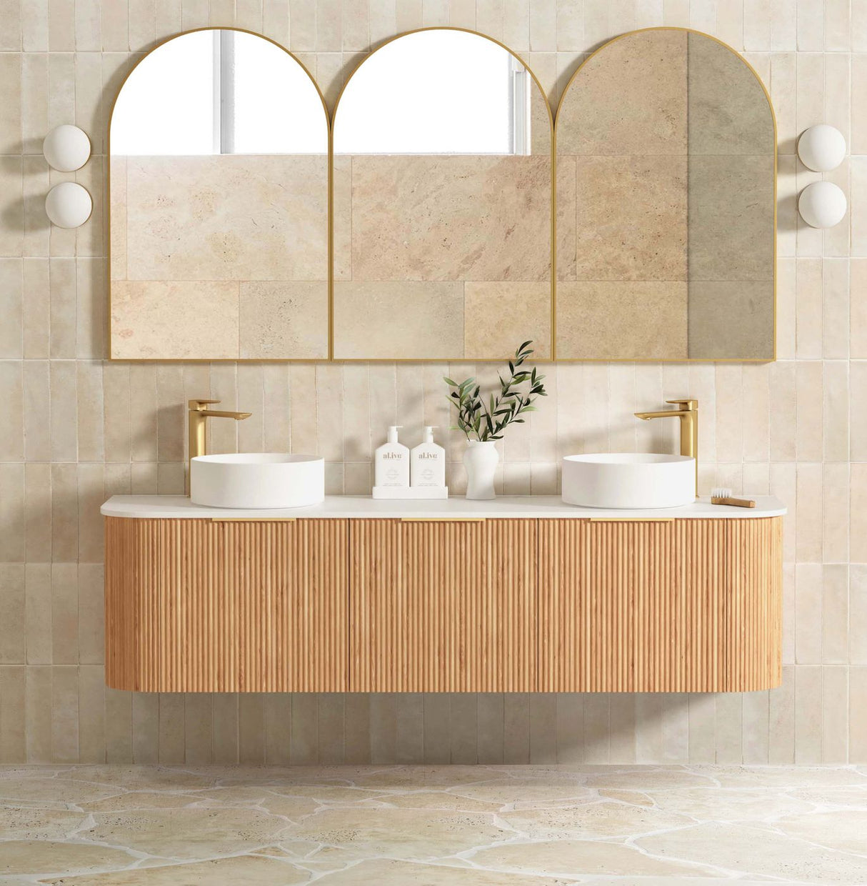 Bathroom with mounted mirror and Bondi 1800mm Woodland Oak Fluted Curve Vanity