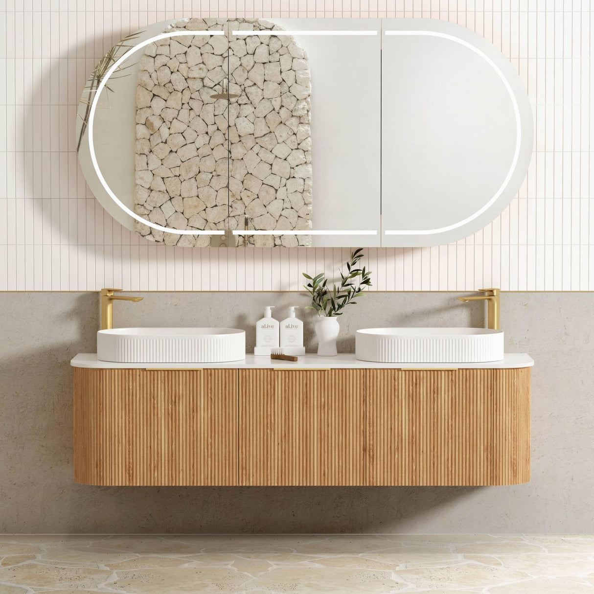 Bathroom with Bondi 1800mm Woodland Oak Fluted Curve Vanity