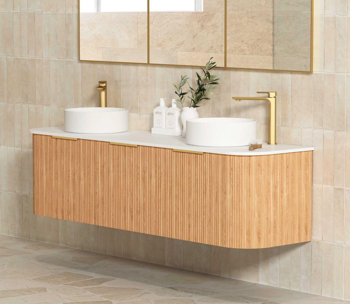 side view of Bondi 1800mm Woodland Oak Fluted Curve Vanity
