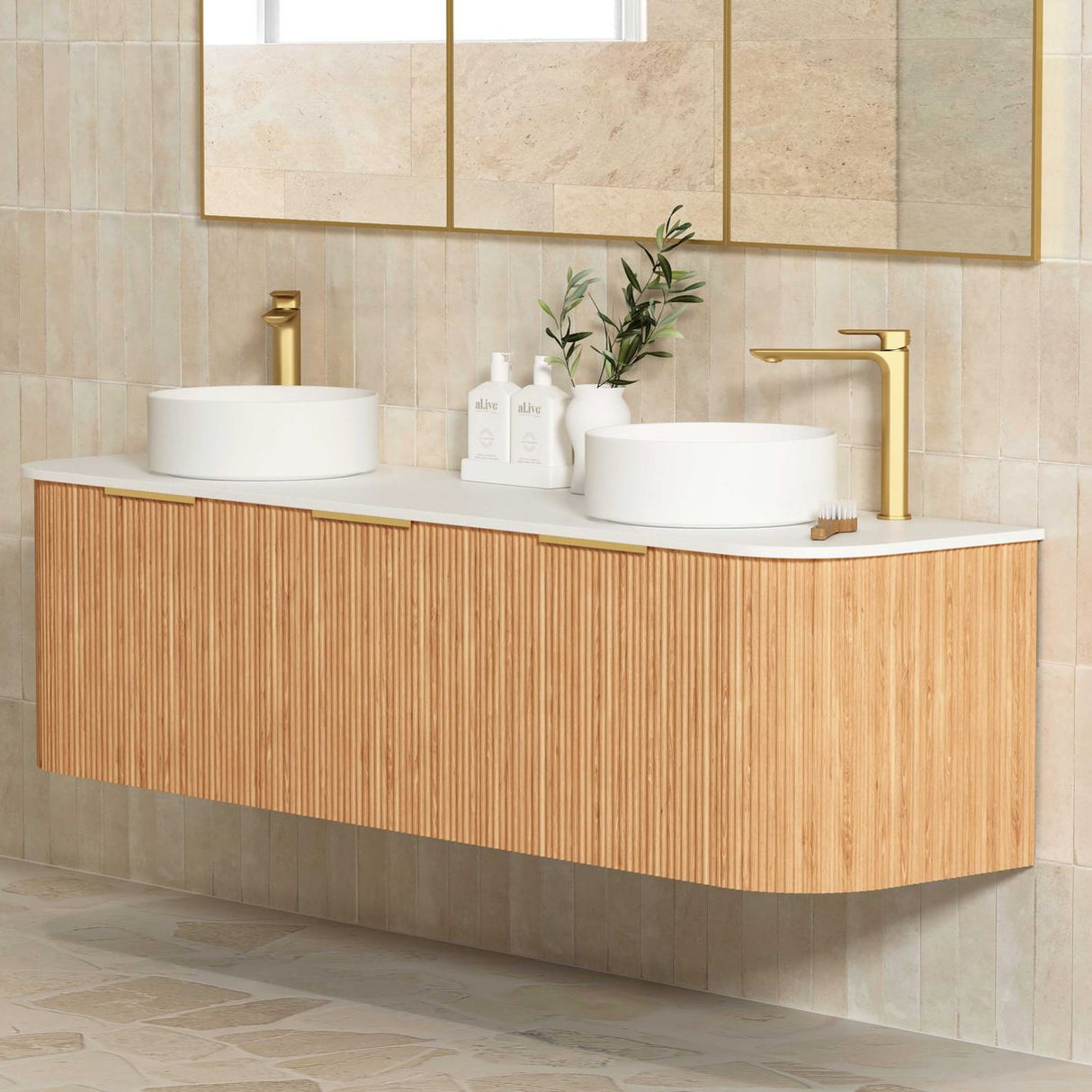 side view of Bondi 1800mm Woodland Oak Fluted Curve Vanity