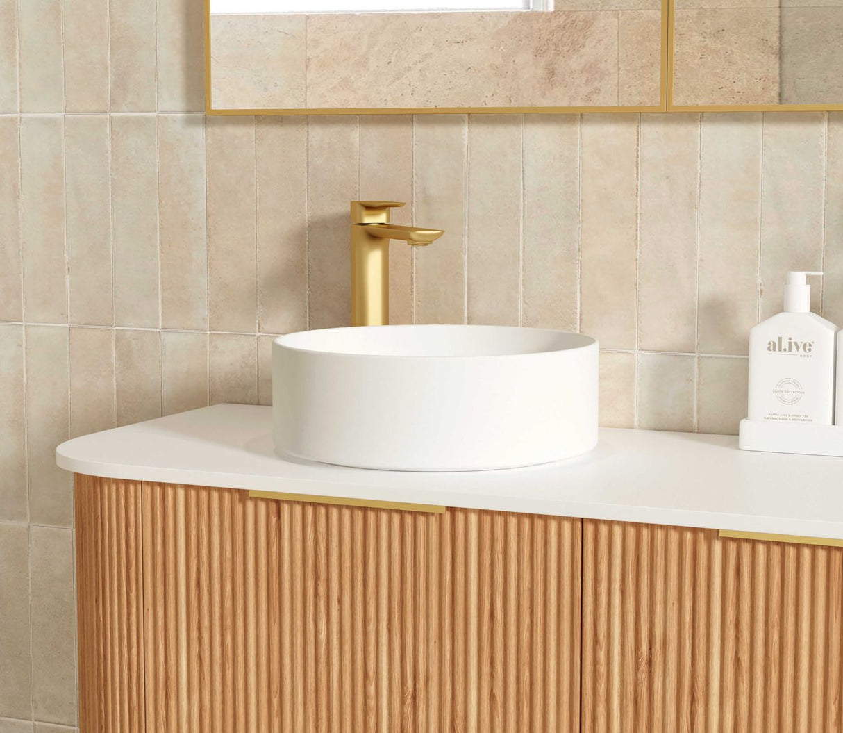 closer look of white basin and Bondi 1800mm Woodland Oak Fluted Curve Vanity