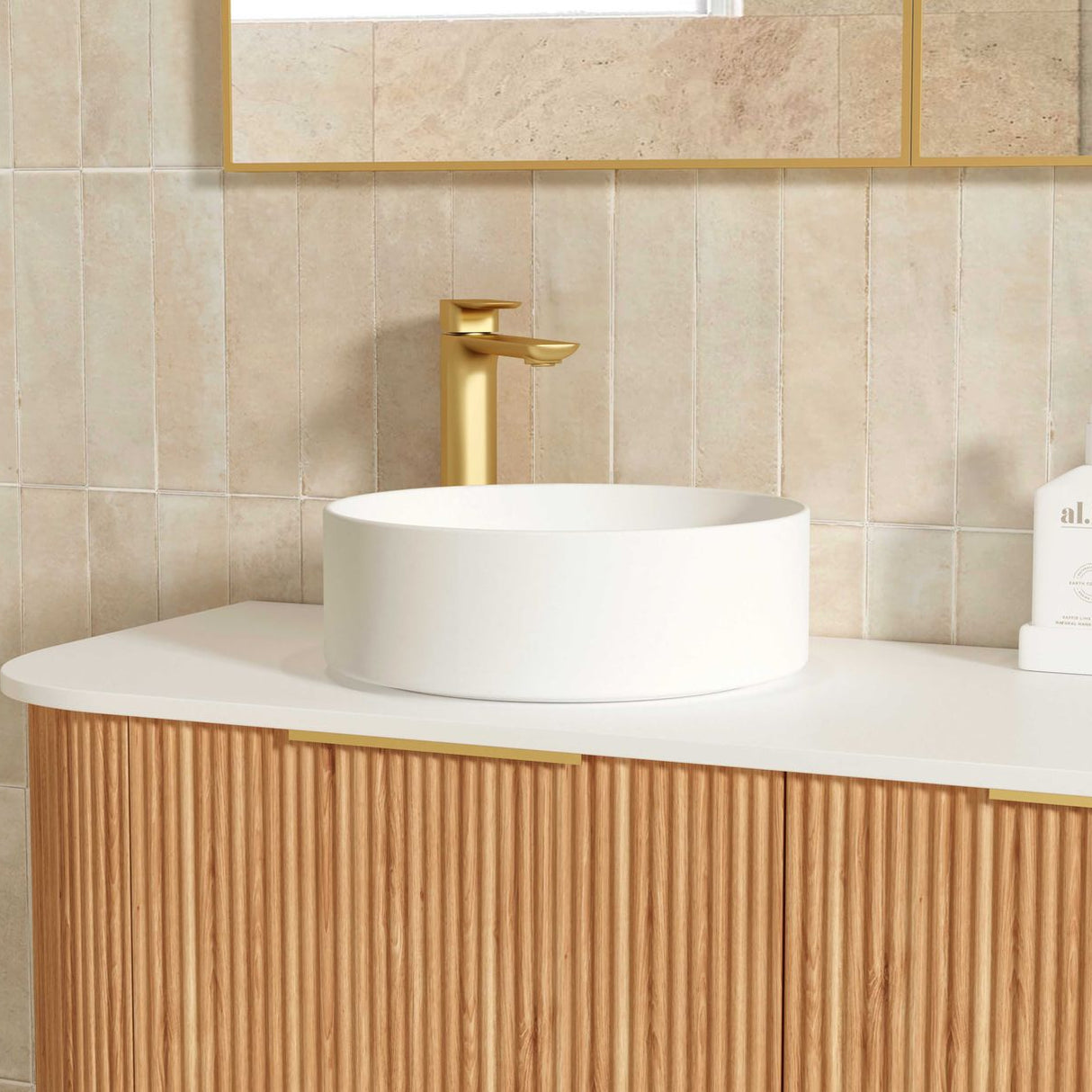 closer look of white basin and Bondi 1800mm Woodland Oak Fluted Curve Vanity