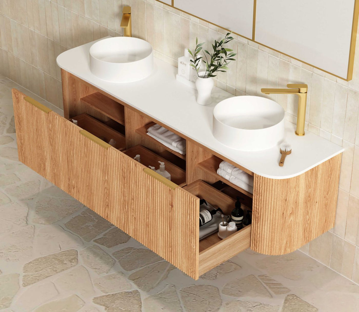 side view of open Bondi 1800mm Woodland Oak Fluted Curve Vanity