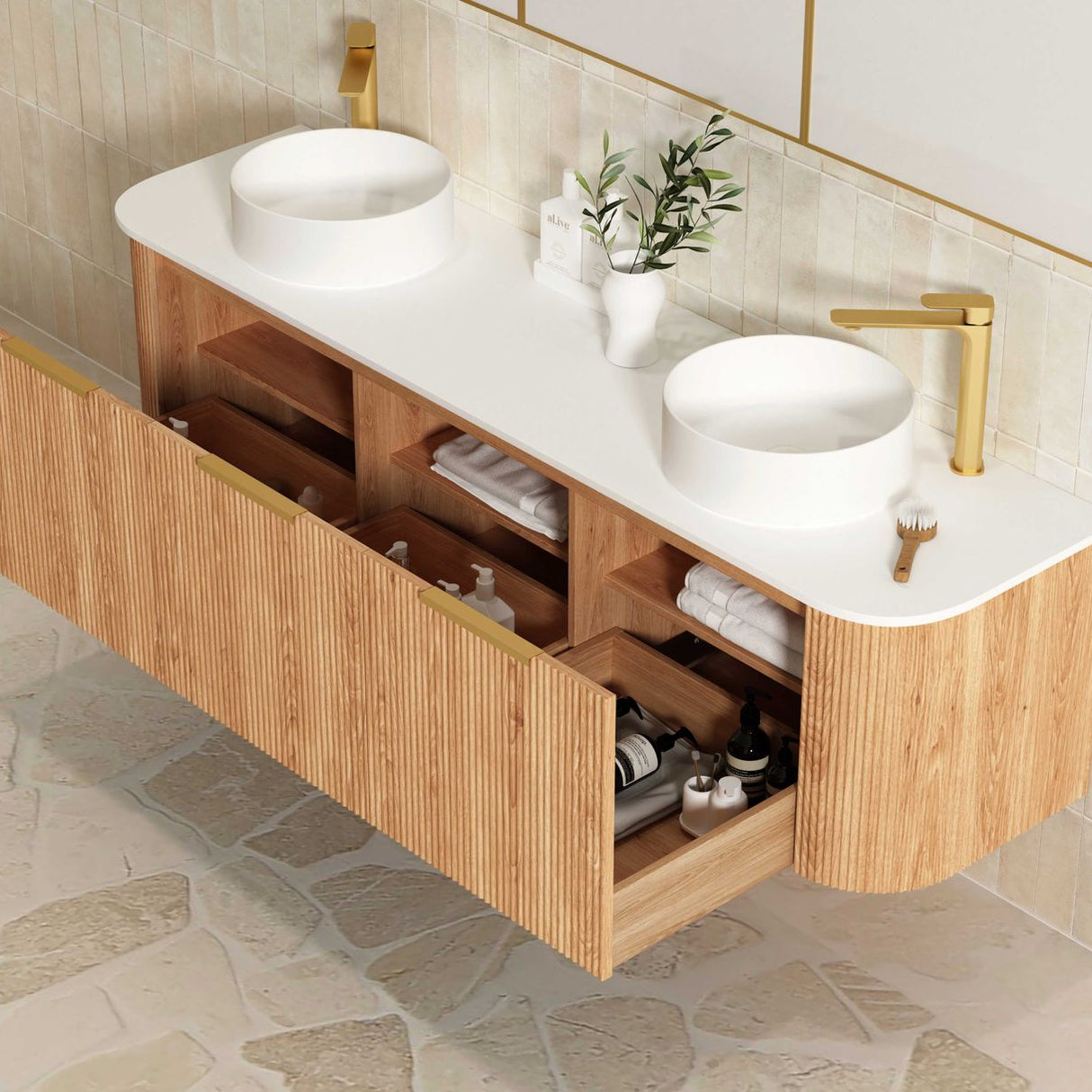 side view of open Bondi 1800mm Woodland Oak Fluted Curve Vanity