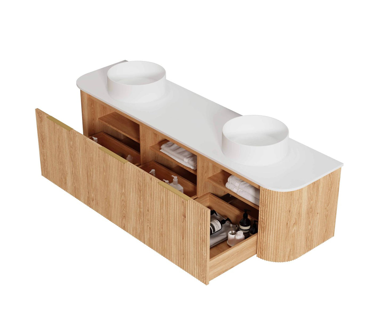 side view of Bondi 1800mm Woodland Oak Fluted Curve Vanity with white basin