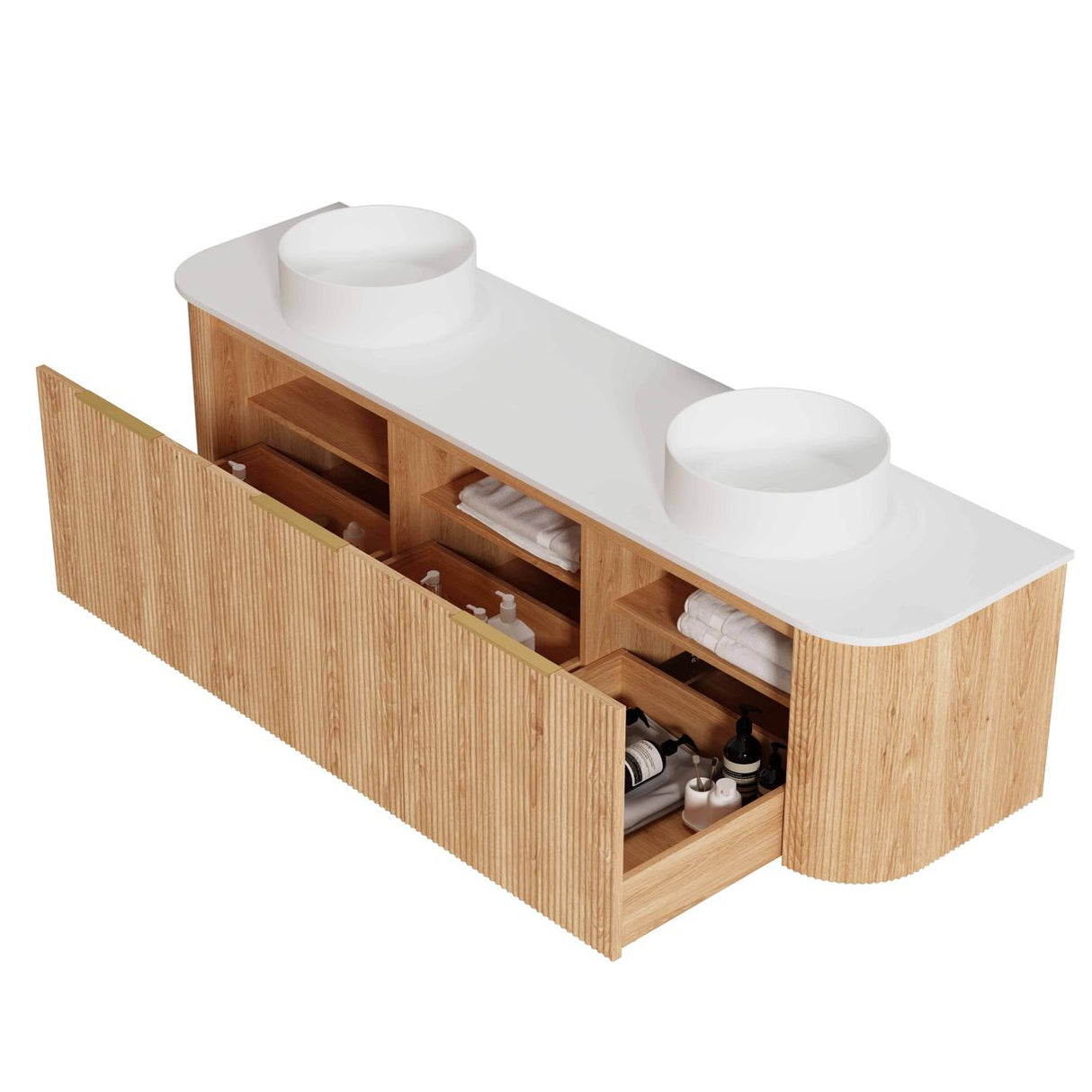 side view of Bondi 1800mm Woodland Oak Fluted Curve Vanity with white basin