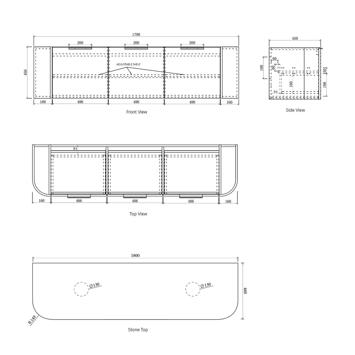Bondi 1800mm Woodland Oak Fluted Curve Vanity drawing