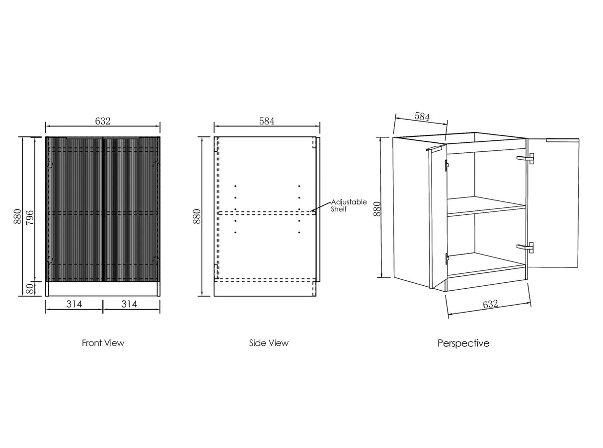 drawing Bondi Laundry 630 Fluted White Base Cabinet