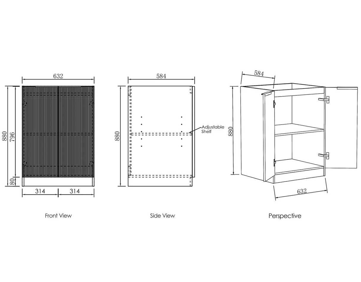 drawing Bondi Laundry 630 Fluted White Base Cabinet