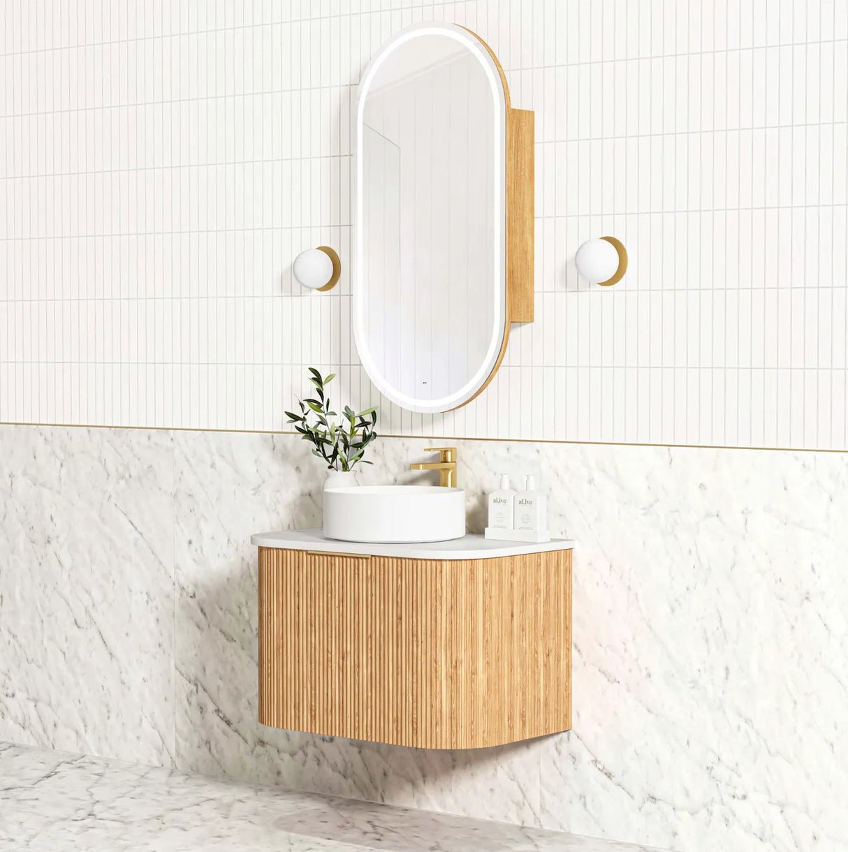 Bondi Wall Hung Fluted Vanity Curve 750mm - Woodland Oak
